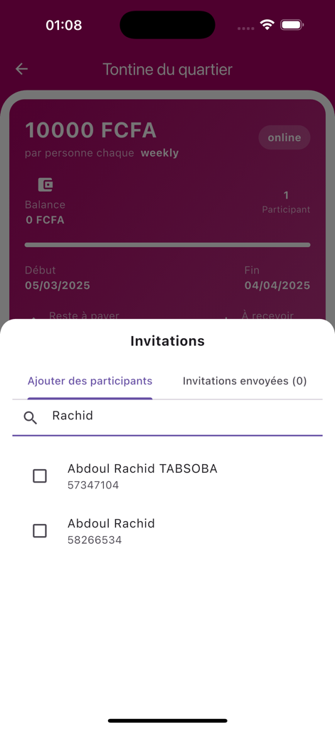 Tenbo - Tenbo app screen showing the invitation feature to add new participants to a group savings circle or tontine.