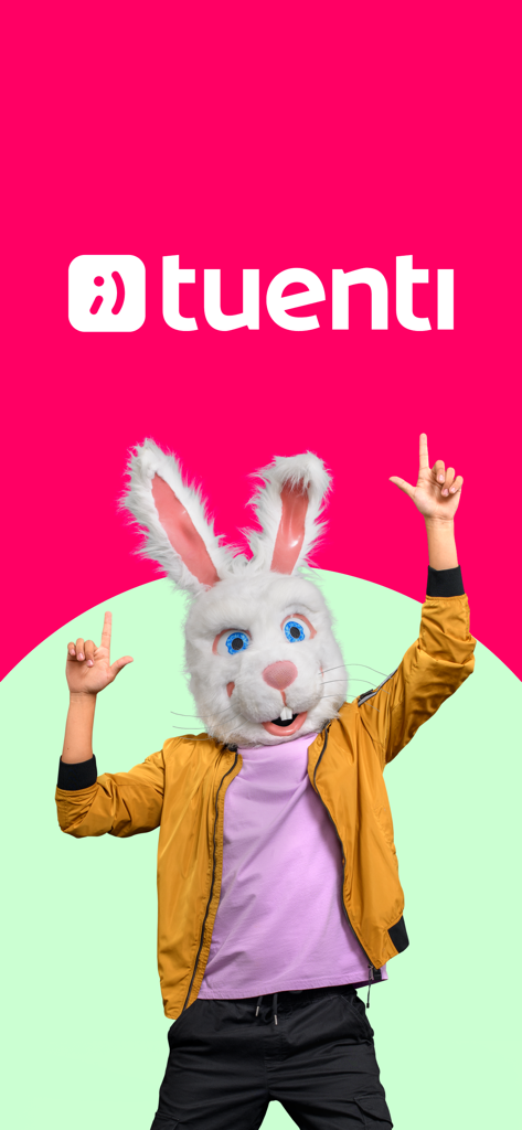 App Tuenti - Logo de la aplicación móvil Tuenti con una mascota conejo señalando hacia arriba sobre un fondo rosa brillante y verde.