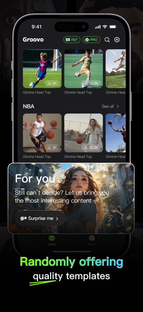 Groovo: Meme Generator - Groovo app interface displaying a surprise feature for discovering AI video templates