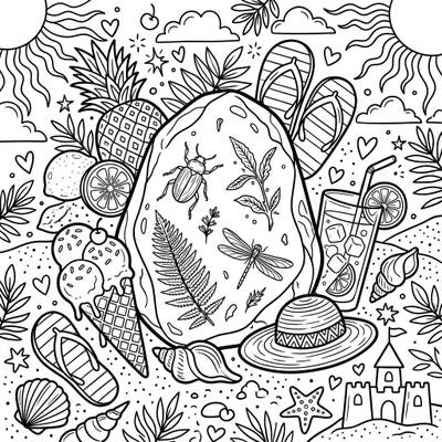 This unique coloring page blends the mystery of fossilized amber with the joy of a vibrant summer vacation. Explore intricate details of ancient insects and tropical beach elements ready for your creative touch.