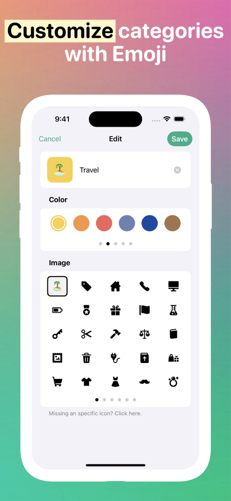 Fin - Budget Tracker - Interface of the Fin app showing how to customize budget categories with colors and emojis.