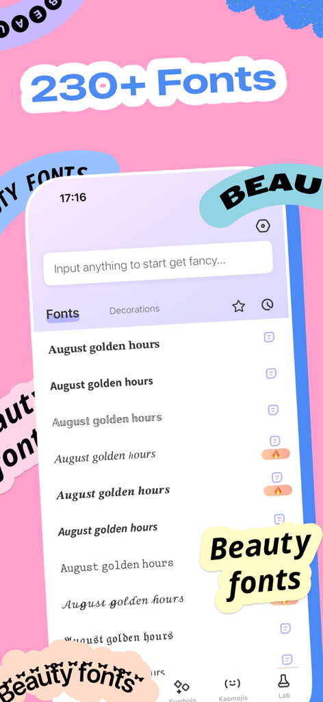 Beauty Fonts - Font Keyboard - A preview of the Beauty Fonts app interface showing a list of over 230 decorative font styles for social media.