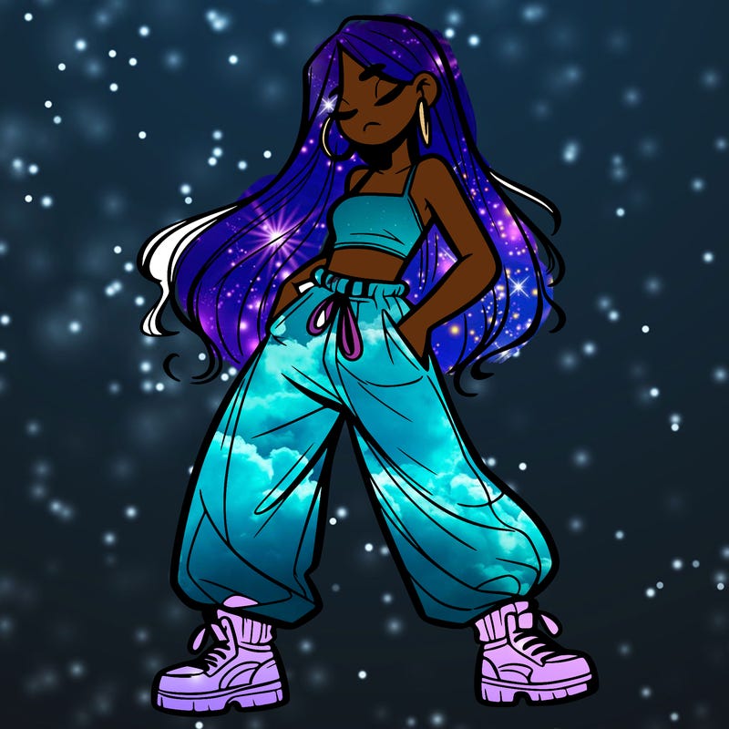 girl in baggy pants crop top and long hair