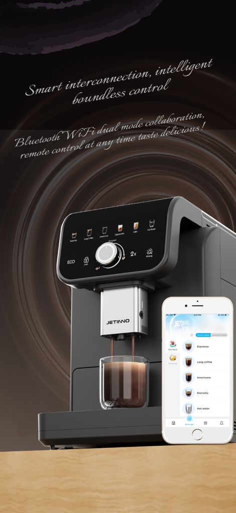 Jetinno coffee machine with a smartphone app showing remote control beverage options