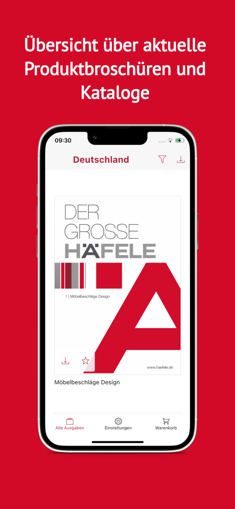 Häfele Catalogue - Schermata dello smartphone che mostra l'interfaccia dell'app catalogo prodotti digitale Häfele con la copertina di un design di ferramenta per mobili.