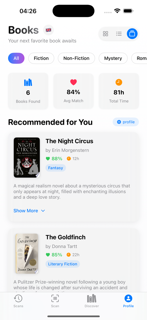 BookScan - You Scan - A screen showing personalized book recommendations and reading statistics in the BookScan app