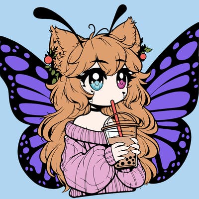 a realistic butterfly/furry girl drinking boba