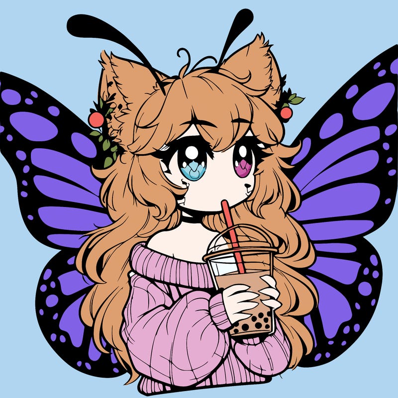 a realistic butterfly/furry girl drinking boba