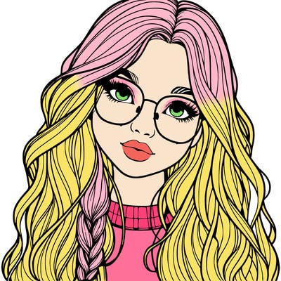 girl with long hair and freckles and glasses realistic