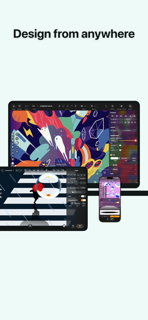 Linearity Curve app interface on iPhone iPad and Mac demonstrating cross-device compatibility