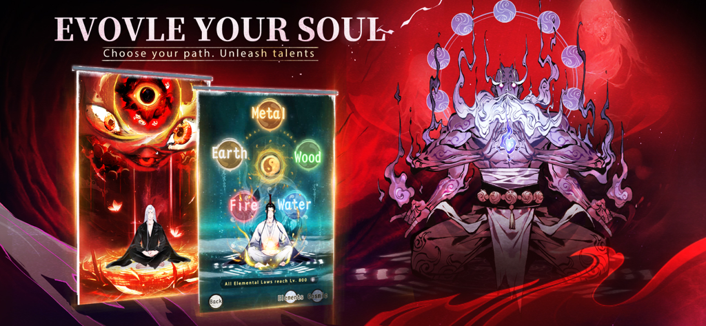 A promotional image for Overmortal Idle RPG showing character soul evolution and elemental talent paths including Metal Wood Water Fire and Earth