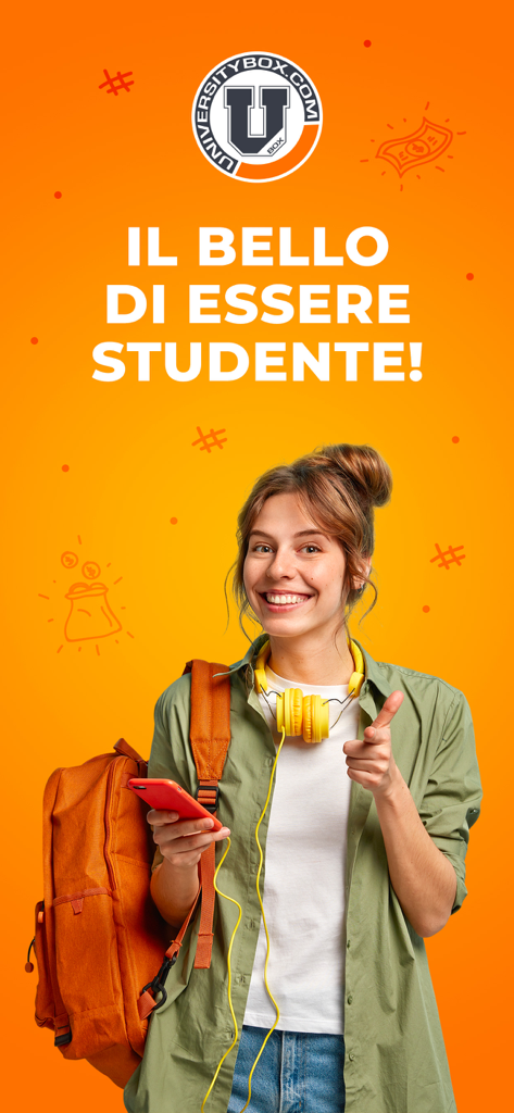 Universitybox.com - A smiling student with a backpack and smartphone promoting university discounts on an orange background