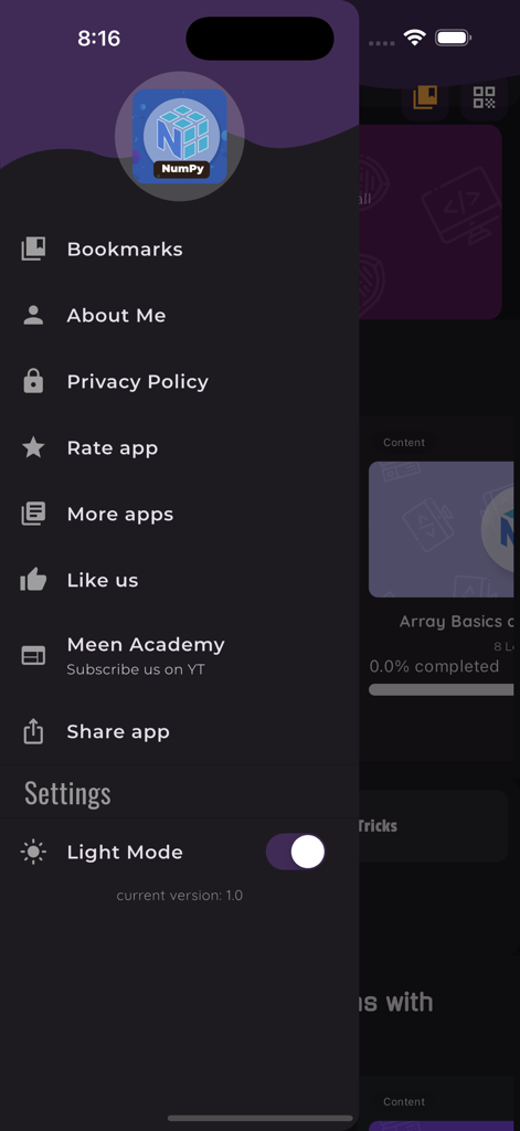 Learn NumPy - Menú lateral de la aplicación Learn NumPy con enlaces de navegación y configuración