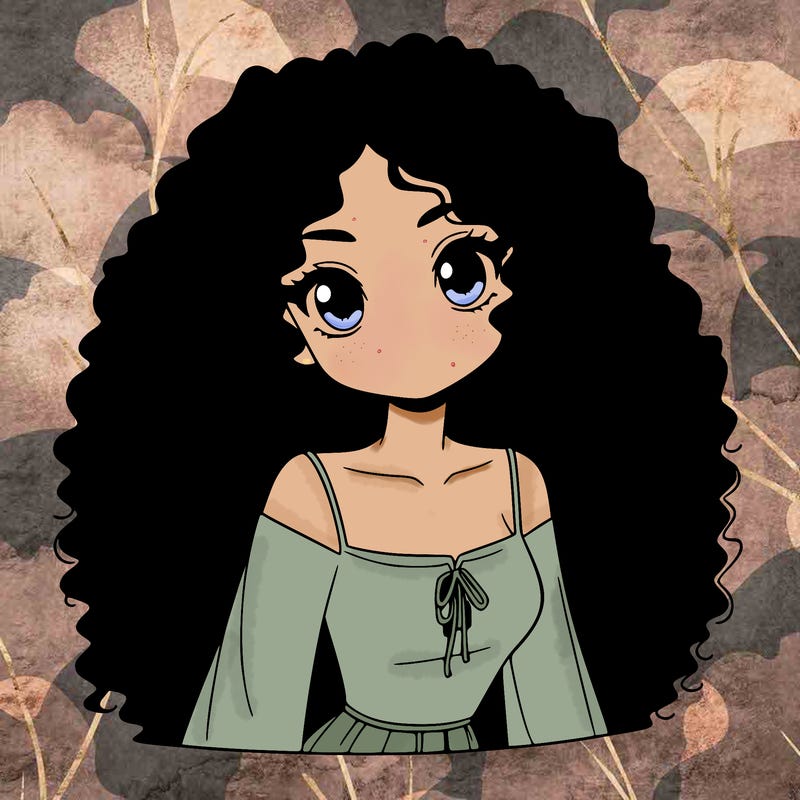 a black anime girl with long afro hair