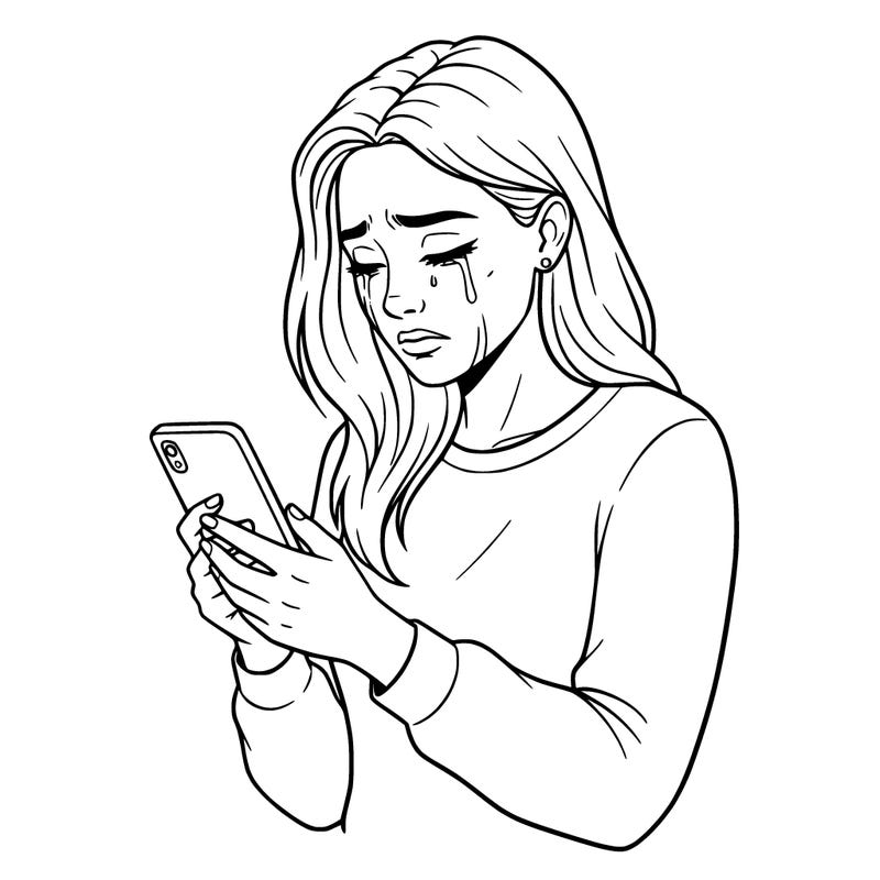 a beautiful woman crying while staring down at a phone with blank background