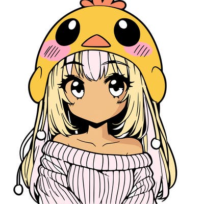 anime girl with chick shaped hat with sweater with bare shoulders with bangs covering them one eye with low tail
