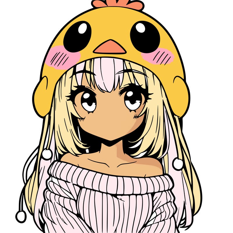 anime girl with chick shaped hat with sweater with bare shoulders with bangs covering them one eye with low tail