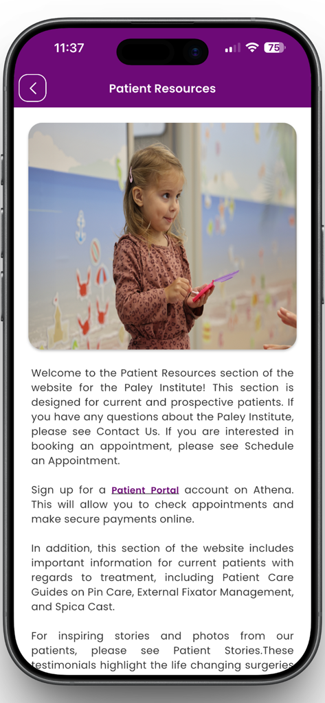 The Paley Orthopedic & Spine - Pantalla de recursos para pacientes en la aplicación Paley Orthopedic and Spine con guías clínicas y acceso al portal.