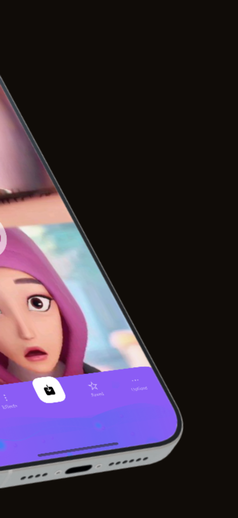 Pantalla de iPhone mostrando un fondo de pantalla animado 3D de un personaje con un botón de descarga y opciones de interfaz de la app.