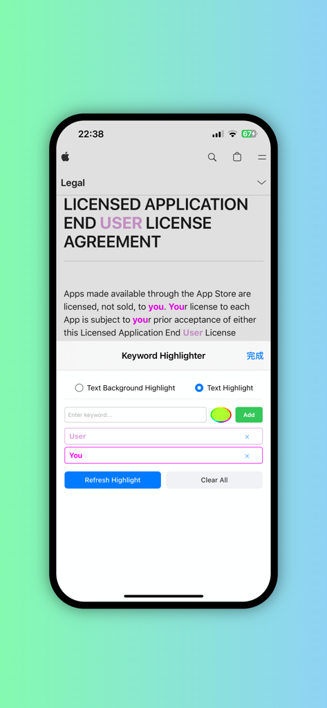 Captura de pantalla de iPhone de la extensión de Safari Resaltador de Palabras Clave resaltando múltiples palabras clave en diferentes colores en una página web