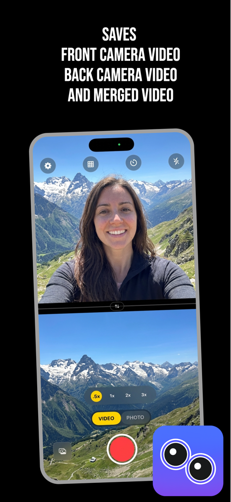 DualCapture - Dual Camera - Interfaz de grabación de cámara dual mostrando vistas frontal y trasera simultáneamente