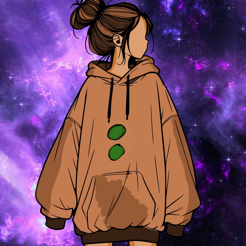 realistic girl with a oversized sweatshirt on and a bun