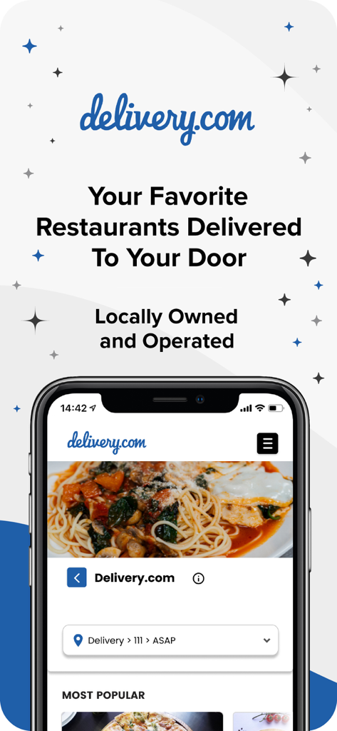 Schermata dello smartphone che mostra l'interfaccia dell'app delivery.com per ordinare cibo e liquori da ristoranti locali.