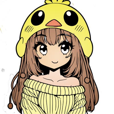 anime girl with chick shaped hat with sweater with bare shoulders with bangs covering them one eye with low tail