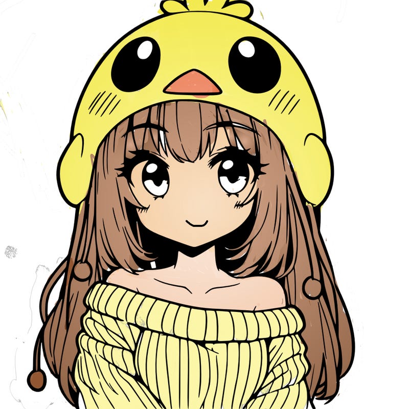 anime girl with chick shaped hat with sweater with bare shoulders with bangs covering them one eye with low tail