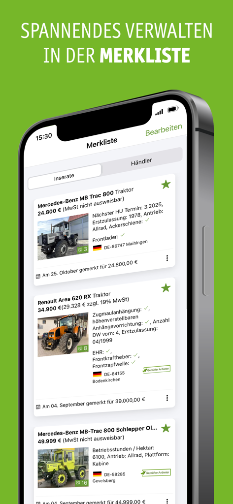 Uma tela de smartphone mostrando a tela de lista de observação do aplicativo technikboerse com anúncios salvos para tratores Mercedes-Benz e Renault.