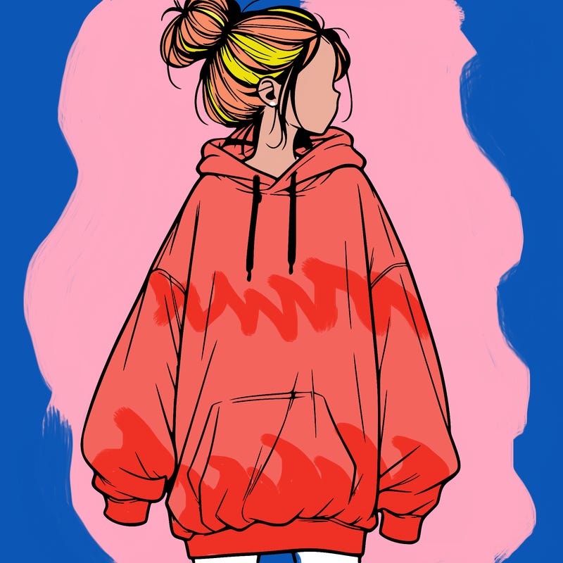 realistic girl with a oversized sweatshirt on and a bun