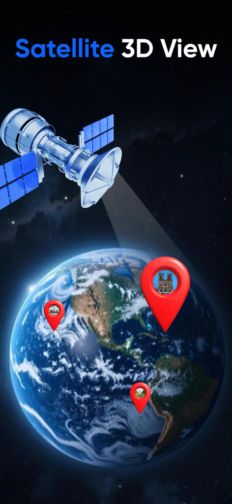 Track Satellite :Find Position - A 3D visualization of a satellite orbiting Earth with red location pins on the globe.