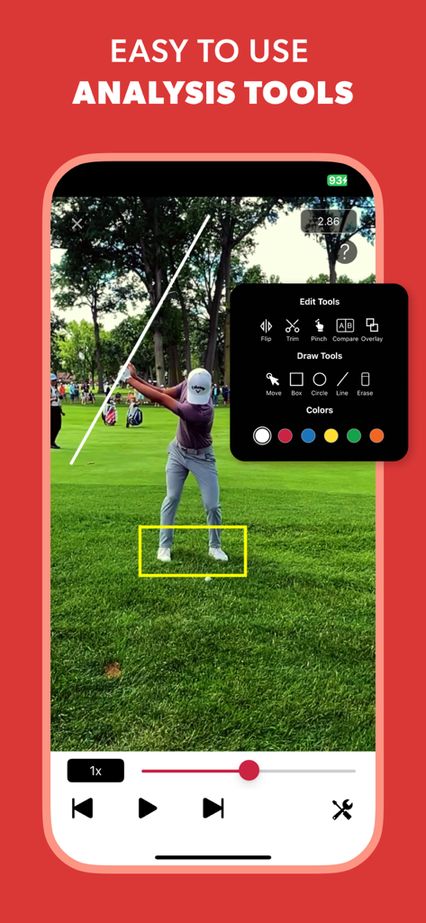Interface do aplicativo móvel mostrando análise de swing de golfe com ferramentas de desenho e reprodução de vídeo