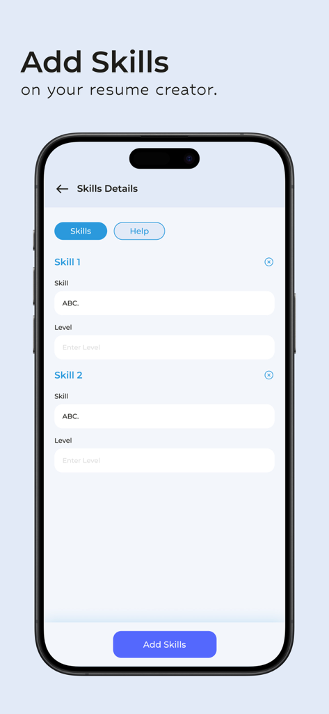 Resume Maker: CV Builder - Interfaz de la aplicación Creador de Currículums que muestra campos para agregar habilidades y sus niveles de competencia en un currículum.