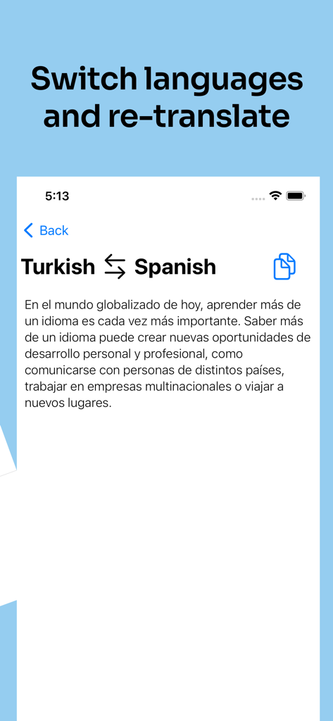 Interface of Deep Translate app showing a Turkish to Spanish translation with a feature to switch languages
