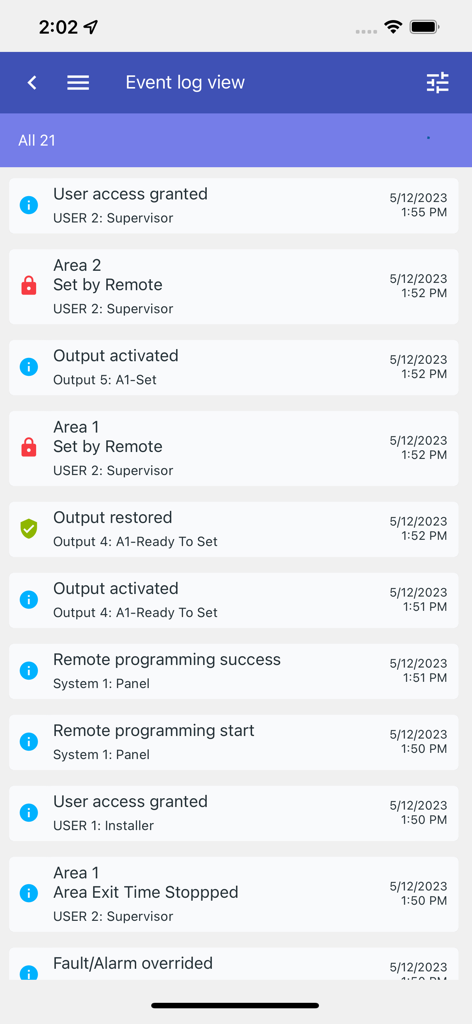 Advisor Advanced Pro - Captura de pantalla de la aplicación Advisor Advanced Pro que muestra la vista del registro de eventos con el historial de actividad de seguridad