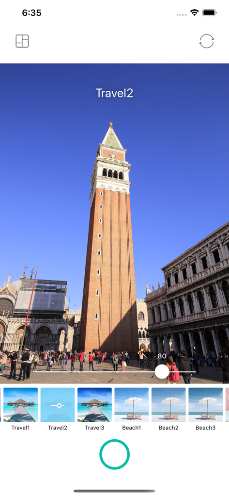 Interfaccia dell'editor di foto Camera 720 che mostra filtri di viaggio e una foto di una torre alta