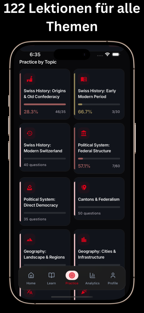 Einbürgerung Schweiz Test 2026 - Pantalla de aplicación móvil que muestra varios temas de práctica para el examen de ciudadanía suiza, incluyendo historia y sistemas políticos