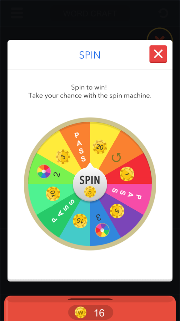 Word Craft - Word Game: Puzzle One’s Brains & Fun - Una colorida rueda de la fortuna en el juego Word Craft utilizada para ganar recompensas y pistas diarias