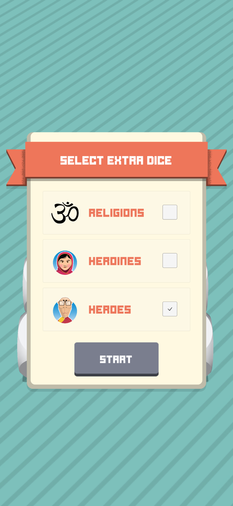 Story Dice - Human Rights - Tela do aplicativo mostrando opções para selecionar dados extras para as categorias Religiões Heroínas e Heróis