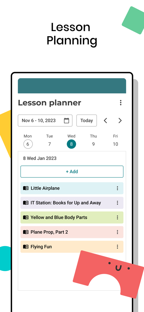 Lillio - Lillio app lesson planning interface showing a weekly schedule of classroom activities for early childhood education.
