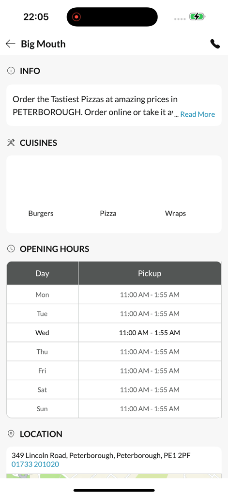 Big Mouth Peterborough - Big Mouth app interface showing cuisines opening hours and location information