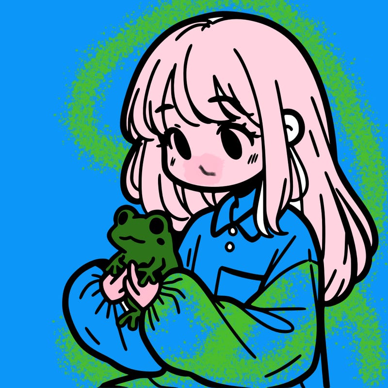 girl with long hair and a oversized shirt. and she is holding a frog