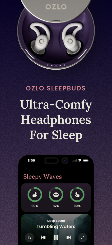 Ozlo Sleepbuds Kopfhörer in ihrer Ladehülle neben einem Smartphone, das die App-Oberfläche mit Batterieständen und Schlafgeräuschen anzeigt.