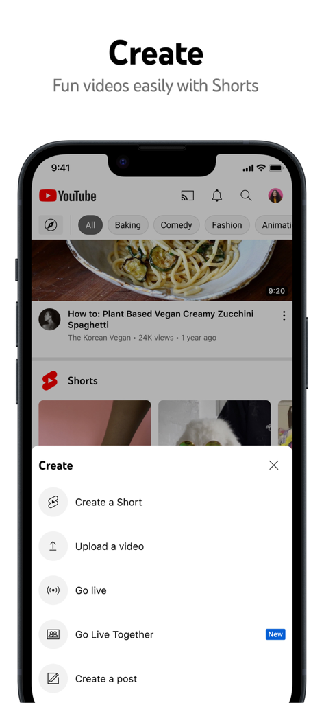 YouTube mobile app interface displaying create options for shorts and live videos