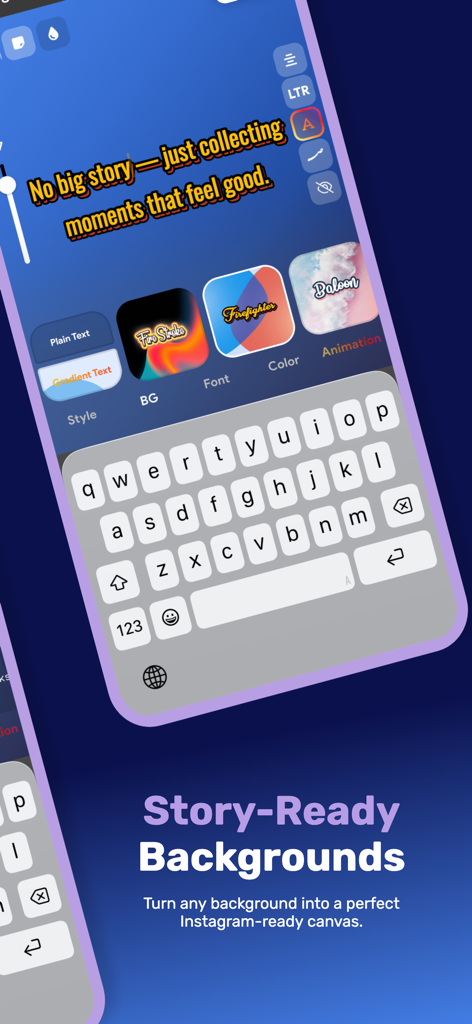 Interface of the Fonta app showing custom typography and background options for Instagram stories