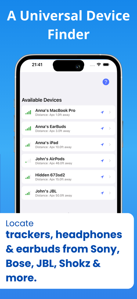 Find My Earbuds: Device Finder - Find My Earbuds app showing a list of discovered Bluetooth devices with signal strength and distance