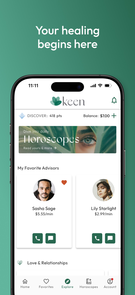 Keen Psychic Reading & Tarot - Keen app home screen showing spiritual advisors and daily horoscope options