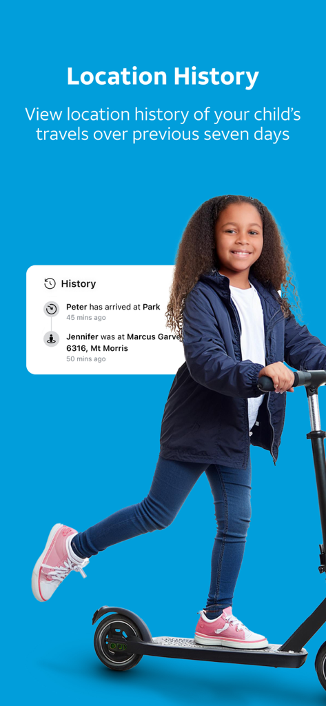 AT&T Secure Family® parent app - A young girl on an electric scooter with a location history notification overlay showing her movement