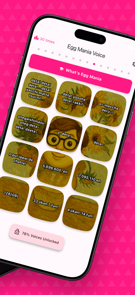 Egg Mania Voice: Pro YouTuber - Un smartphone que muestra la caja de resonancia y el progreso de desbloqueo de voz en la aplicación Egg Mania Voice